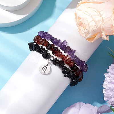 3Pcs 3 Styles Natural Amethyst & Garnet & Obsidian Chips Stretch Bracelets Sets BJEW-JB11076-10-1