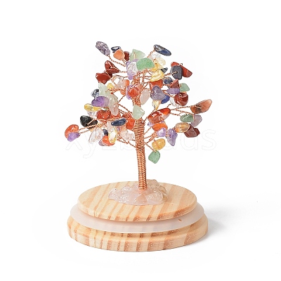 Natural Gemstone Chips Money Tree in Dome Glass Bell Jars with Wood Base Display Decorations DJEW-B007-04E-1