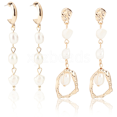 2 Pairs 2 Style Natural Pearl Beaded Dangle Stud Earrings EJEW-AN0002-66-1