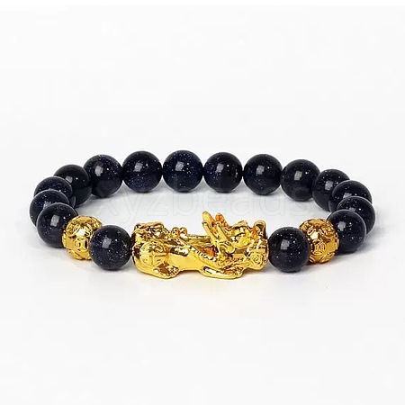 Golden Plated Alloy Pi Xiu 8MM Synthetic Blue Goldstone Round Beaded Stretch Bracelet for Men QJ0349-9-1