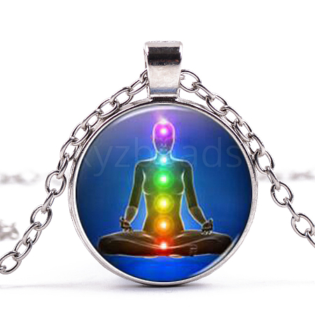Chakra Theme Yoga Human Glass Pendant Necklace CHAK-PW0001-022A-1