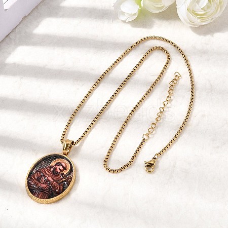 Unisex Religion 304 Stainless Steel Enamel Oval Pendant Box Chain Necklaces STAS-H258-02G-03-1