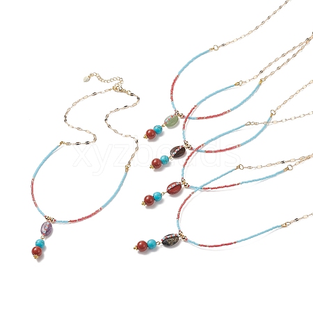 5Pcs 5 Style Natural & Synthetic Mixed Gemstone Oval Pendant Necklaces Set NJEW-JN04123-1