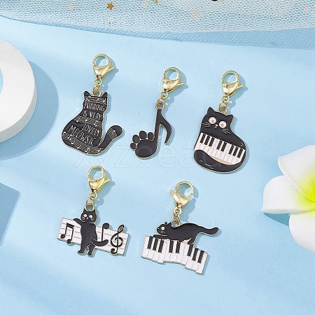 5Pcs 5 Styles Cat and Music Alloy Enamel Pendant Decorations HJEW-JM02694-1