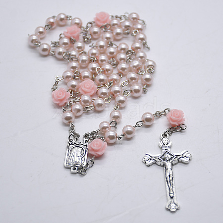 Round & Rose Imitation Pearl Rosary Bead Necklaces WG518F3-05-1