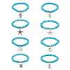 FIBLOOM 8Pcs 8 Style Synthetic Turquoise Round Beaded Stretch Bracelets Set with Alloy Charms BJEW-FI0001-83-1