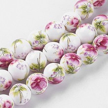 Handmade Flower Printed Porcelain Ceramic Beads Strands PORC-J006-A06