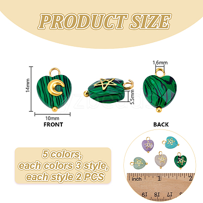 30Pcs 5 Styles Natural Amethyst & Grey Agate & Green Aventurine & Synthetic Malachite & Turquoise Faceted Hearted Charms with Brass Sun Star Moon Slices PALLOY-PHE00010-1