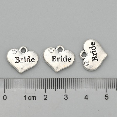 Wedding Theme Antique Silver Tone Tibetan Style Heart with Bride Rhinestone Charms X-TIBEP-N005-12E-1