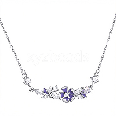 Brass Pave Purple Cubic Zirconia Flower Pendant Necklaces for Women WGF8B23-01-1