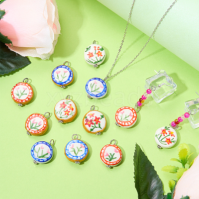 12Pcs 6 Styles Handmade Printed Porcelain Pendants PALLOY-SW00123-1