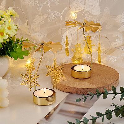 2 Sets 2 Style Iron Rotating Snowflake & Snowman Candlestick Tealight Candle Holder Sets DJEW-FG0001-32-1