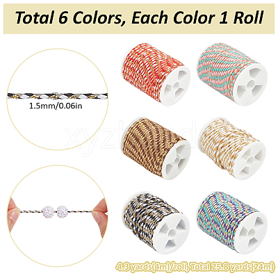 6 Rolls 6 Colors 4-Ply Polycotton Cord with Metallic Thread OCOR-SC0001-09-1