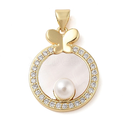 Brass & Shell & Clear Cubic Zirconia Pendants KK-I712-15G-1