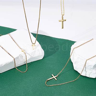4Pcs 4 Styles Brass & 304 Stainless Steel Sideways Cross Box Chain Necklaces for Women NJEW-UN0001-67-1
