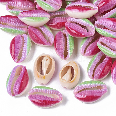 Printed Natural Cowrie Shell Beads X-SSHEL-R047-01-A09-1
