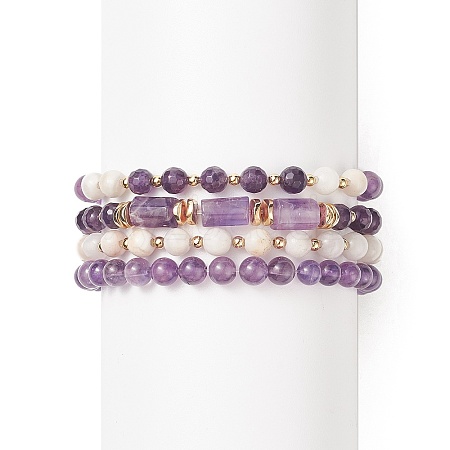 4Pcs 4 Style Natural Amethyst & White Crazy Agate & Brass Beaded Stretch Bracelets Set BJEW-JB08998-1