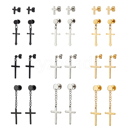 FIBLOOM 24Pcs 12 Style Stainless Steel Cross Stud Earrings with 304 Stainless Steel Pins for Women Men EJEW-FI0002-06-1