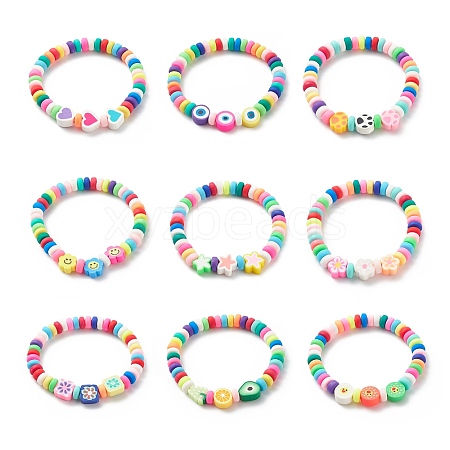 9Pcs 9 Style Handmade Polymer Clay Beaded Stretch Bracelets Set BJEW-JB08959-1