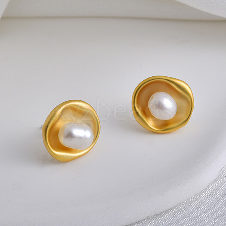 Flat Round Brass & Freshwater Pearl Stud Earrings for Women EJEW-G391-04MG-1