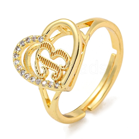 Heart with Letter Rack Plating Brass Micro Pave Cubic Zirconia Adjustable Rings for Women RJEW-I105-06G-B-1