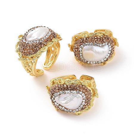 Natural Pearl Open Cuff Finger Ring with Rhinestone RJEW-A011-11G-1