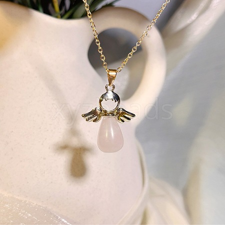 European Natural Rose Quartzl with Alloy Wings Angel Pendant Necklaces for Women WH2548-6-1