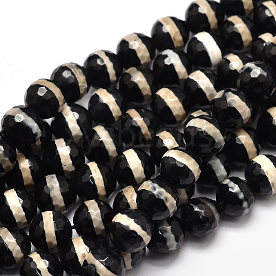 Tibetan Style Beige Striped Pattern dZi Beads Strands TDZI-O005-10F-8mm-1