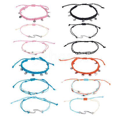 4 Sets 4 Colors 304 Stainless Steel & Alloy Wave & Flat Round Charm Bracelet BJEW-AN0001-34-1