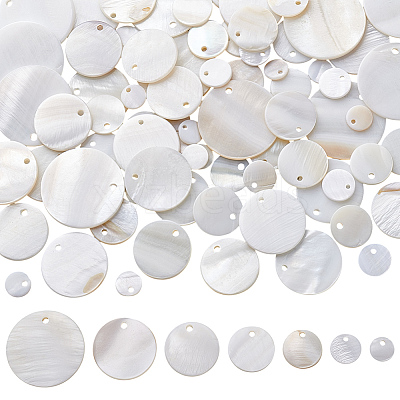 84Pcs 7 Styles Flat Round Natural Sea Shell Pendants SSHEL-HY0001-12-1