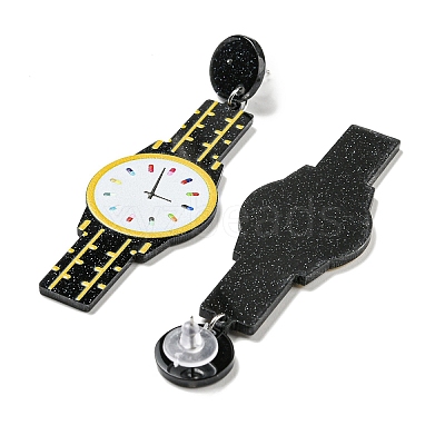 Sparkling Acrylic Watch Dangle Stud Earrings with 304 Stainless Steel Pins EJEW-C063-01E-1