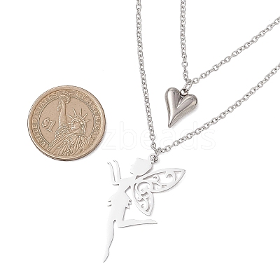 Stainless Steel Fairy and Heart Pendant 304 Stainless Steel Cable Chain Double Layer Necklaces for Women NJEW-JN05810-02-1