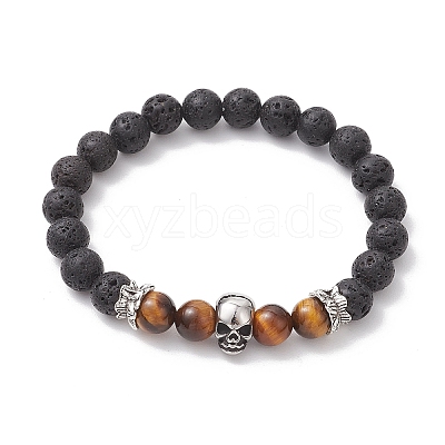 Natural Lava Rock & Tiger Eye  Round Beads Stretch Bracelets BJEW-TA00680-1