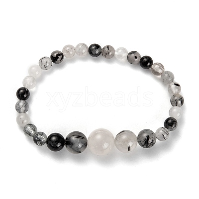 Natural Tourmalinated Quartz Graduated Beaded Necklaces & Stretch Bracelets Jewelry Sets SJEW-H304-01D-1