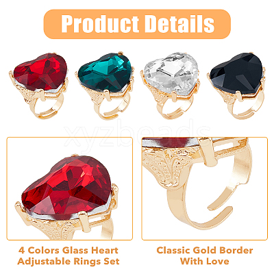 4Pcs 4 Colors Glass Heart Adjustable Rings Set RJEW-FI0001-11-1
