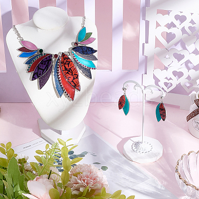 Leaf Alloy with Imitation Leather Pendant Necklace & Stud Dangle Earring SJEW-CL0001-02-1