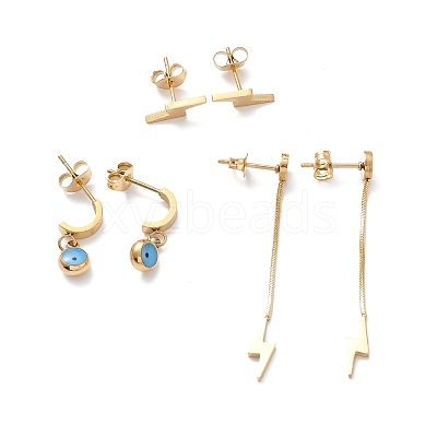 3 Pair 3 Style Enamel Evil Eye Dangle Stud Earrings EJEW-B020-16G-1