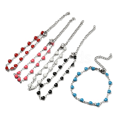 Stainless Steel Color 304 Stainless Steel Heart Link Chain Bracelet with Enamel BJEW-E088-01P-1