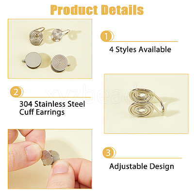 16Pcs 4 Styles Brass & 304 Stainless Steel Cuff Earrings EJEW-HS0001-18P-1