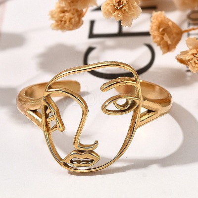 Hollow Human Face 304 Stainless Steel Open Cuff Rings for Women RJEW-M046-03G-1