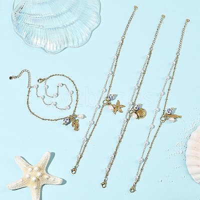 Ocean 304 Stainless Steel Sea Animals & Handmade Flower Printed Porcelain Ceramic Charm Anklets AJEW-AN00866-1