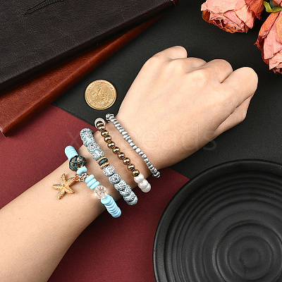 1 Set Synthetic Moonstone & Pearl Stretch Bracelets Set BJEW-SP0001-10-1
