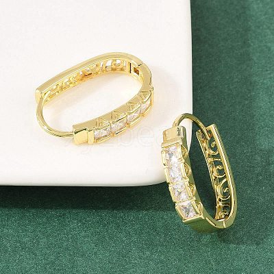 Square with Oval Brass Micro Pave Clear Cubic Zirconia Hoop Earrings EJEW-D348-08G-1