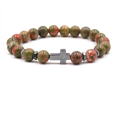 8MM Round Natural Unakite Beaded Stretch Bracelets with Synthetic Non-magnetic Hematite Cross FA1012-14-1