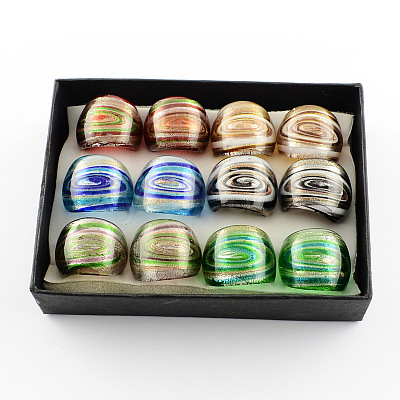 Handmade Gold Sand and Silver Foil Lampwork Wide Band Rings RJEW-Q150-M15-B-1