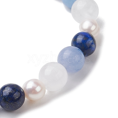 Natural White Jade & Lapis Lazuli & Pearl Round Beaded Stretch Bracelets for Women BJEW-JB11041-02-1