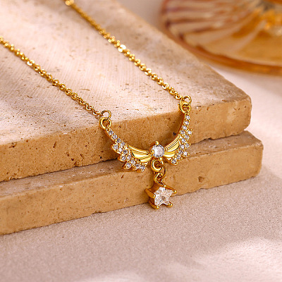 304 Stainless Steel Pave Clear Cubic Zirconia Angel Wings Pendant Necklaces for Women WG752E1-01-1