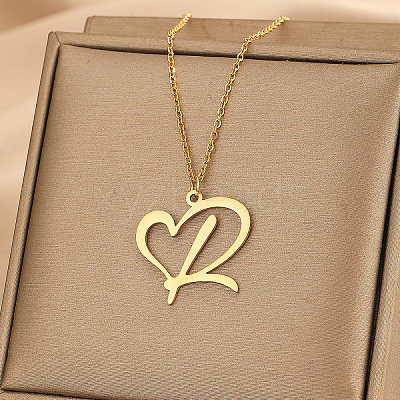 304 Stainless Steel Heart Initial Pendant Necklaces for Women Men FS-WG51A4F-12-1