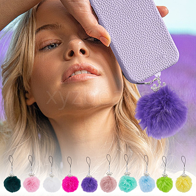 10Pcs Handmade Imitation Rex Rabbit Fur Pompom Ball Mobile Straps HJEW-OC00071-1