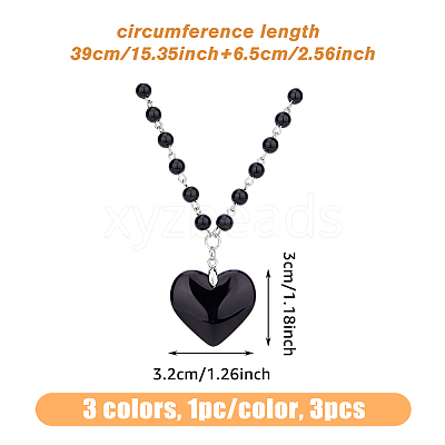 3Pcs 3 Colors Glass Heart Pendant Necklaces Set with Plastic Beaded Chains NJEW-FI0001-40-1